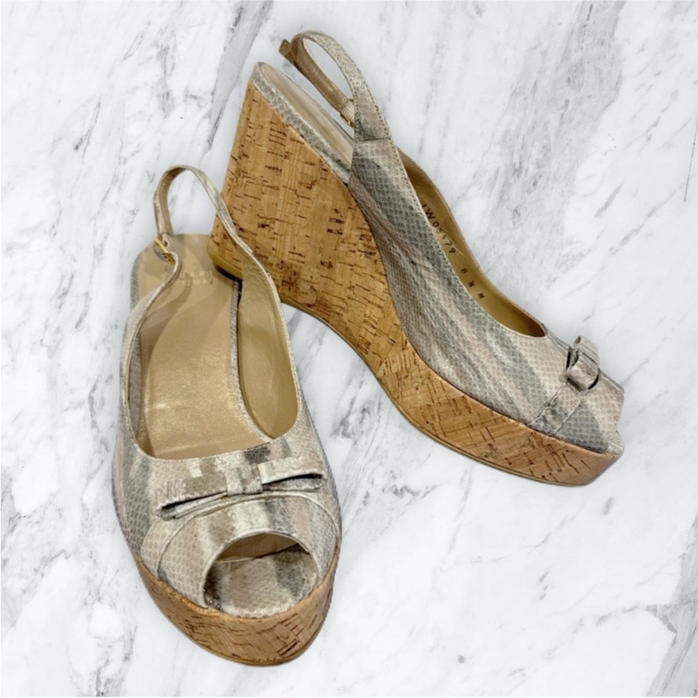 STUART WEITZMAN 👡 NWT Grey Tan Shiny Snakeskin Patent Leather Cork Wedges in Box